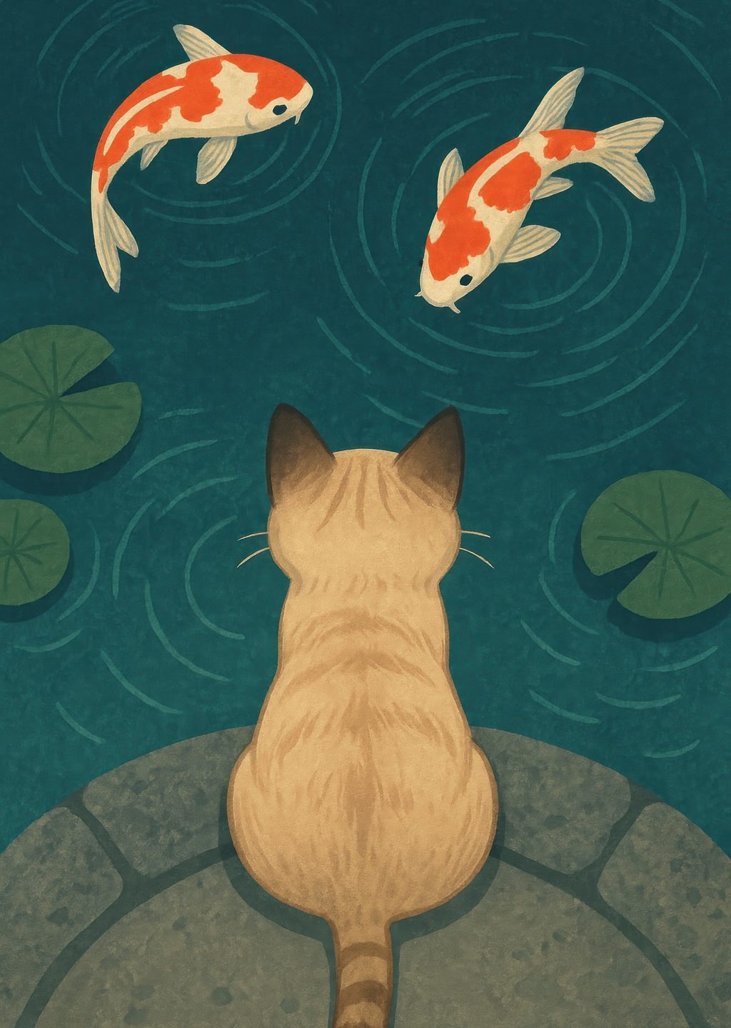 Kedi ve Koi Balıkları: Sakin Bir An