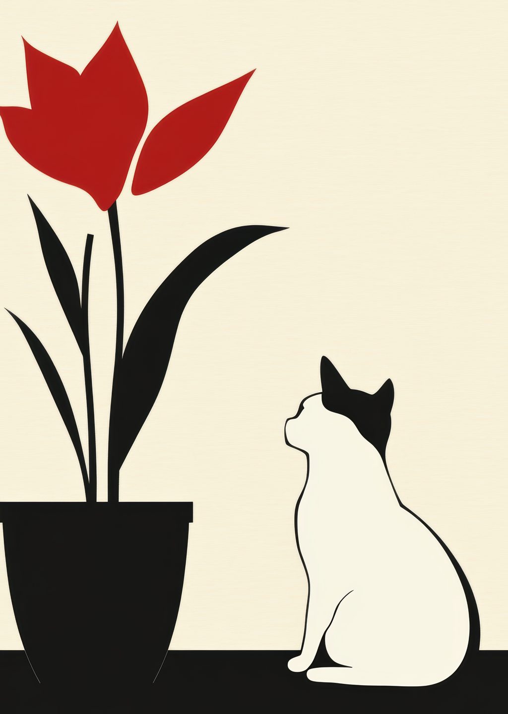 Minimalist Kedi ve Çiçek İllüstrasyonu