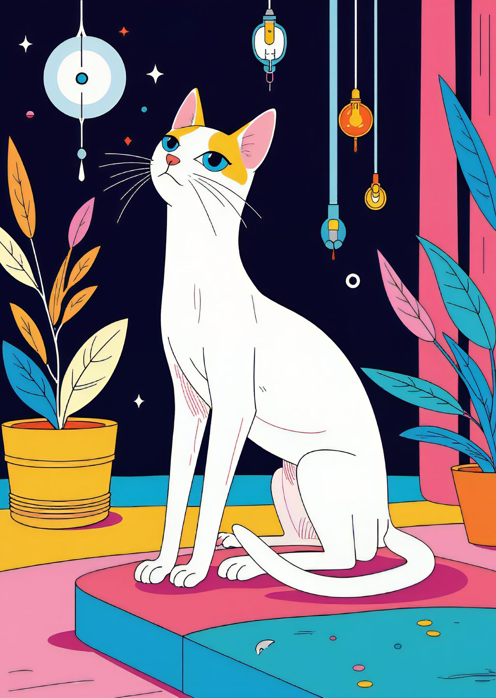 Beyaz Kedi: Uzay Temalı İllüstrasyon