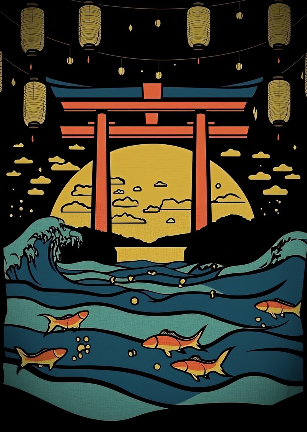 Japon Torii ve Dalga İllüstrasyonu