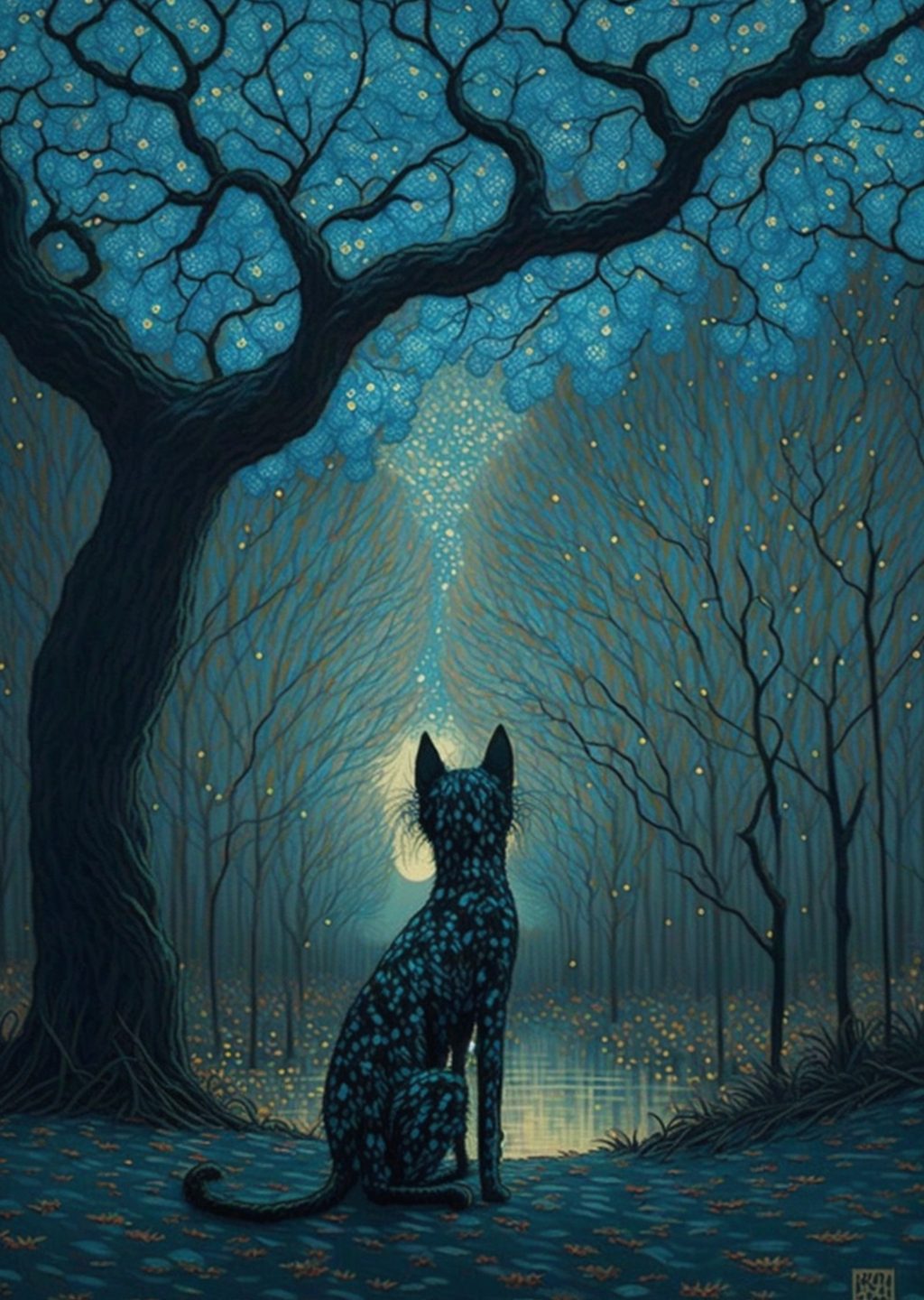 Gece Manzarasında Yıldızlı Ağaç ve Köpek