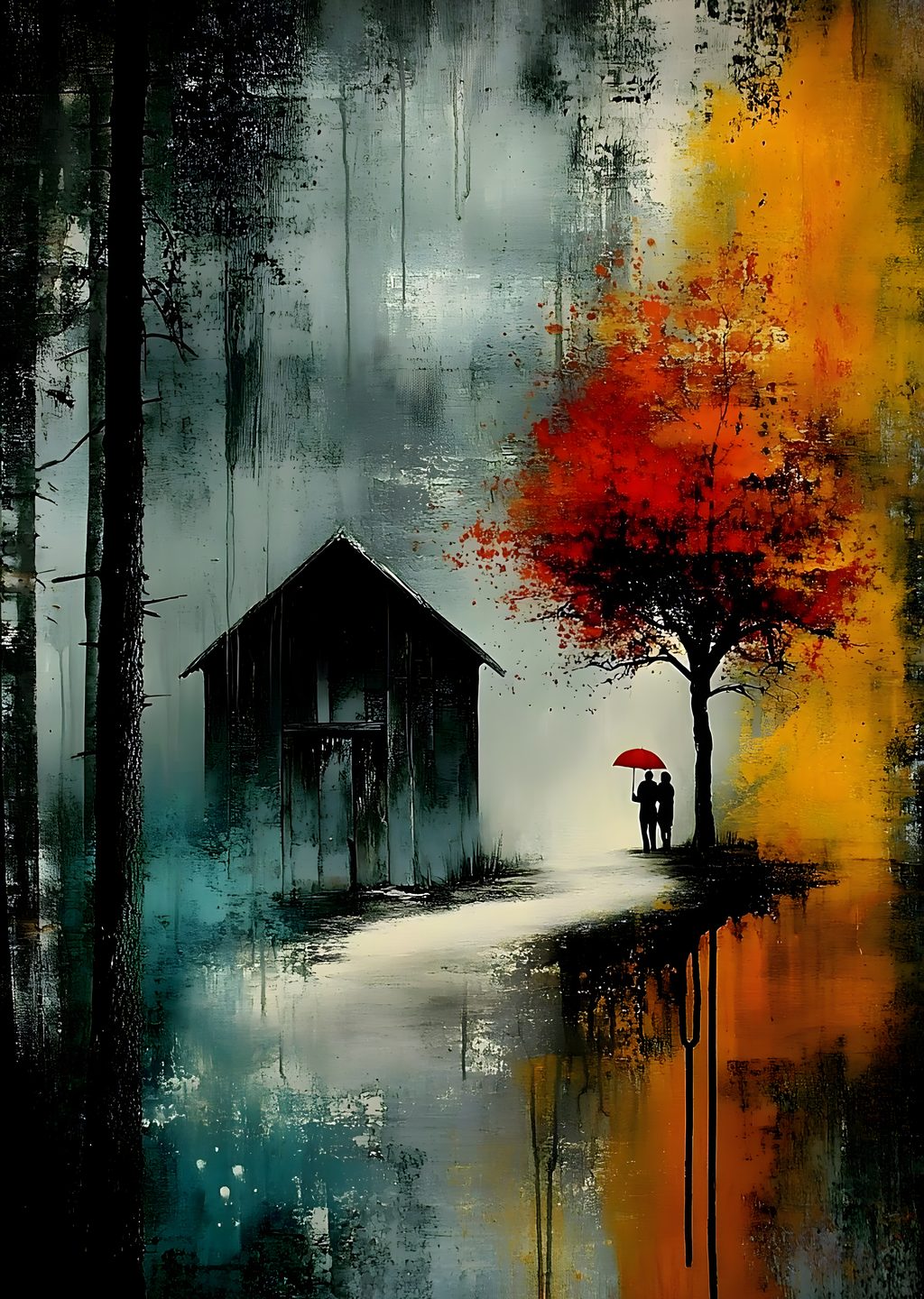 İki Kişi ile Kırmızı Ağaçlı Abstract Sanat