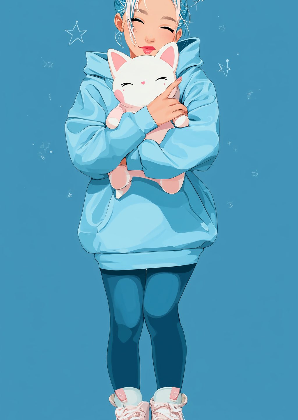 Kawaii Kız ve Kedi İllüstrasyonu