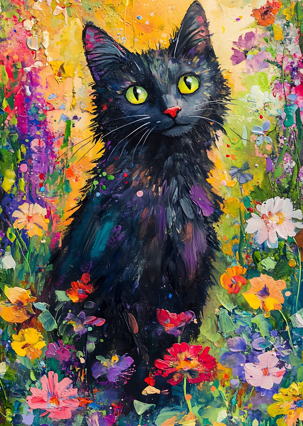 Renkli Çiçekler Arasında Siyah Kedi